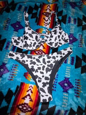 SHEIN Black and White Cow Print Bikini Set